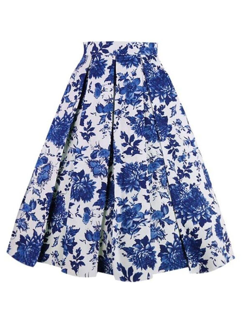 Womens Vintage Floral Pleated Midi Skirt High Waist A Line Skirt with Pockets